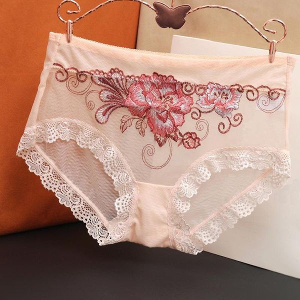 

women's panties high-waist lace embroidery underpants middle waist briefs flower pattern female lingerie, Black;pink