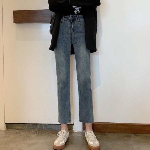 

women's jeans pants spring korean women's versatile wash loose high waist slim straight jeans capris df04, Blue