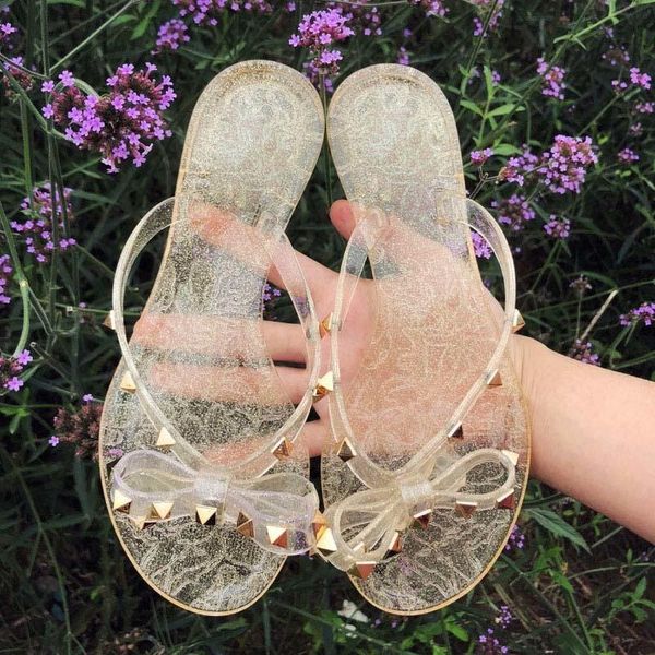 

slippers rivet bowknot sandals summer woman beach flip flops jelly shoes pvc slides girls slip on flat with women studs, Black