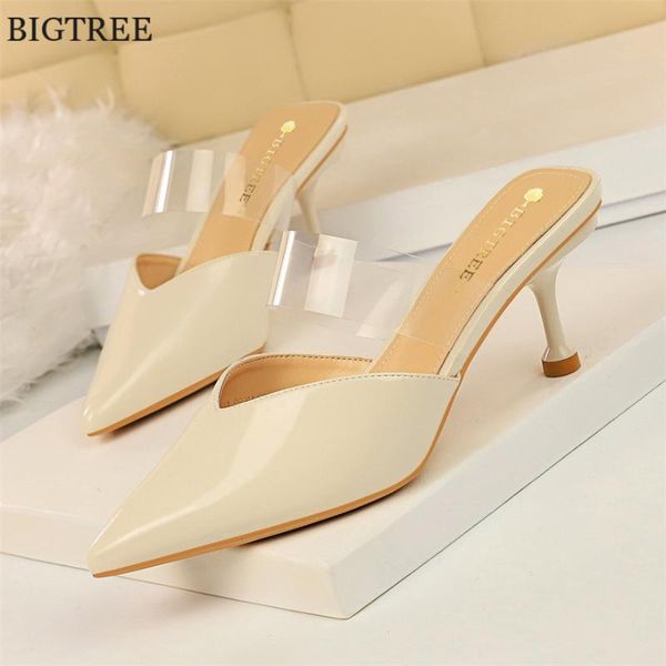 

slippers concise transparent word with women patent leather metal high heels shoes pointed toe ladies outdoor dress slipper, Black