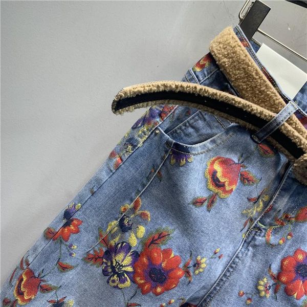 

women's jeans spring flower woman 2021 high-waist loose-fit personality printed denim harem pants jean femme, Blue