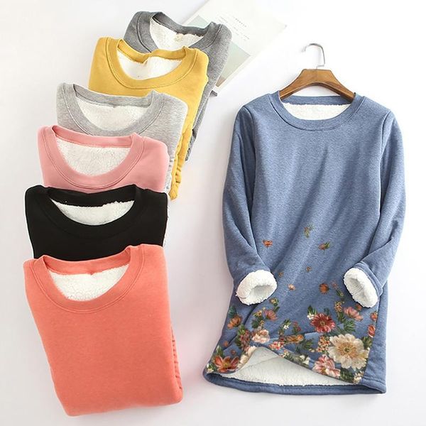 

winter women floral print sweatshirt oversize loose pullover thickened plus velvet wool warm close-fitting bottoming shirt women's hoo, Black