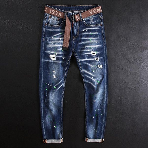 

men's jeans american street style fashion men retro blue elastic slim ripped painted designer hip hop splashed denim pants
