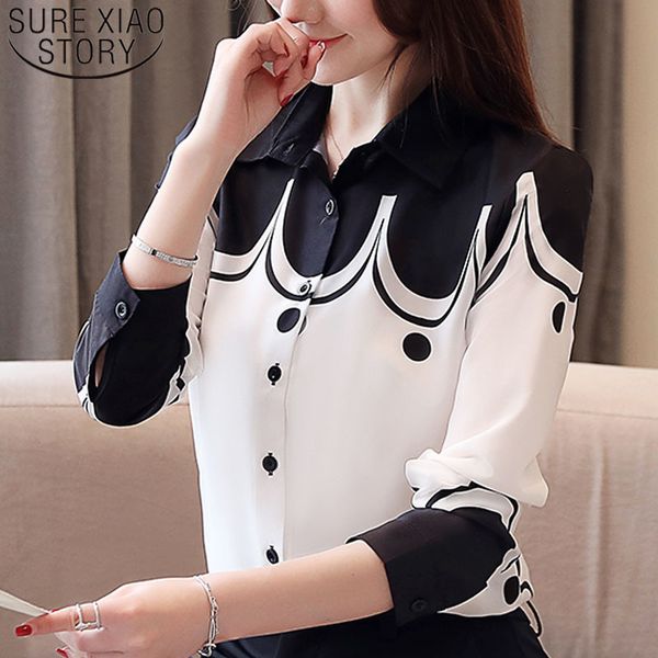 

fashion chiffon blouses long sleeve turn-down collar clothing casual printed women office lady 5499 50 210415, White