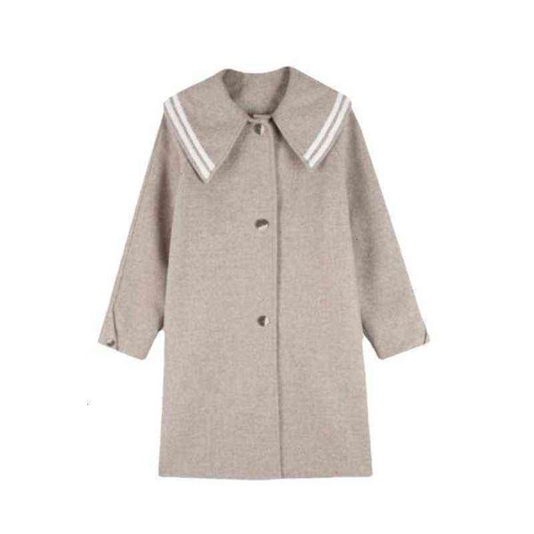 

off season tweed coat women's middle long autumn and winter 2021 college style navy collar woolen, Black