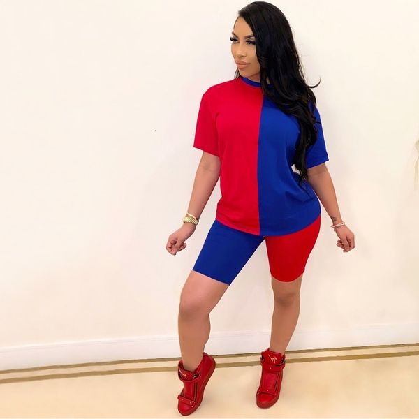 

coat color patchwork women casual two piece set tracksuit o neck short sleeve t shirt and shorts summer fashion suit, White