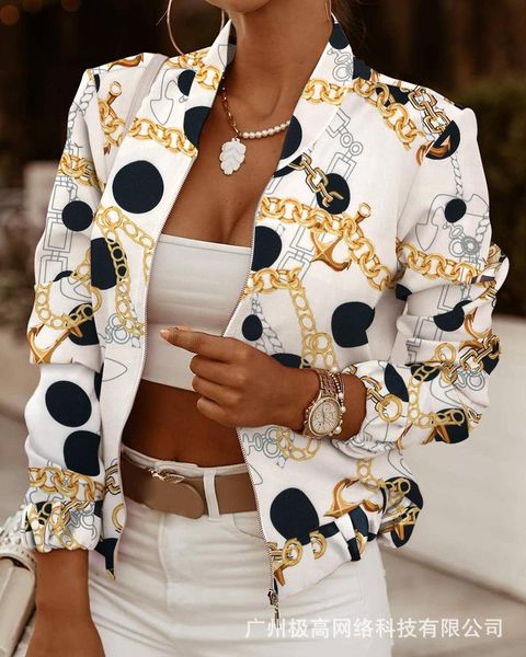

women's jackets women thin print 2021 spring autumn vintage long sleeve zipper jacket coat casual outerwear short, Black;brown