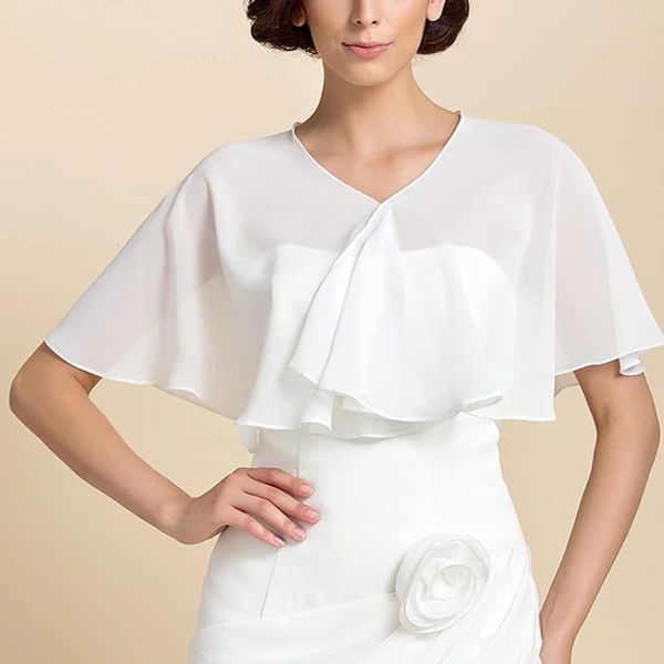 

wraps & jackets women simple soft chiffon bolero evening prom party v-neck shrug short formal shawl elegant casual black cape for lady, White