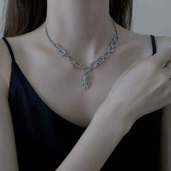 

chains minar shiny rhinestone bear paperclip pendant necklaces for women silver color hollow chunky link chain chokers necklace gifts