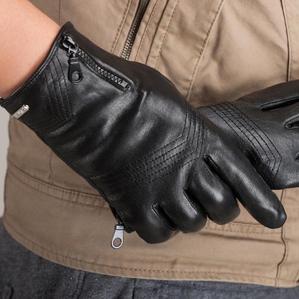 

five fingers gloves fashion genuine sheepskin leather windproof thermal touch screen glove warm zipper lambskin mittens s2169, Blue;gray