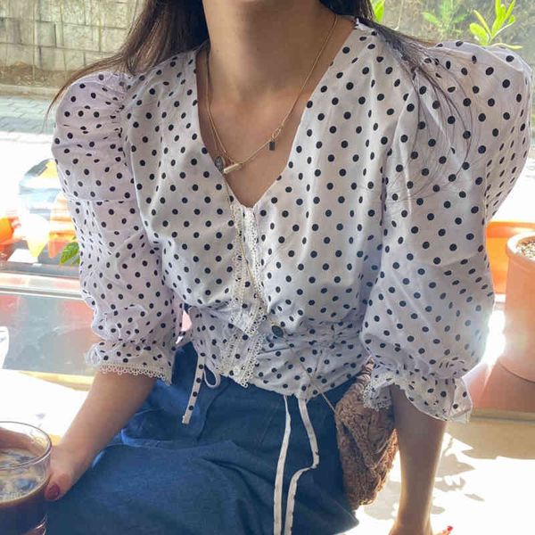 

women white dot shirring blouse v-neck half puff sleeve loose fit shirt fashion casual spring summer 16f0798 210510
