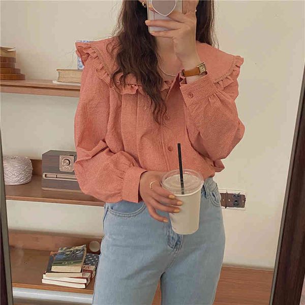 

dress spring sweet peter pan collar plaid blouse edible tree fungus loose lady vintage full sleeves shirts, White