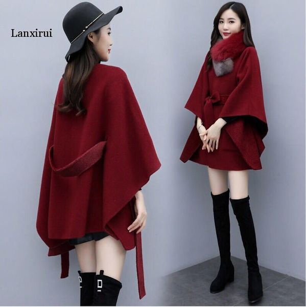 

women's wool & blends winter coat cape women large fluffy raccoon fur collar hooded trench casual long outerwear ladies coats jackets, Black