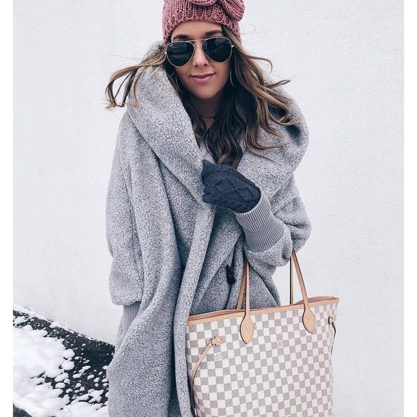 

women's wool & blends women winter lamb solid color loose casual lapel long sleeves coats blouse ladies warm daily trip school work, Black