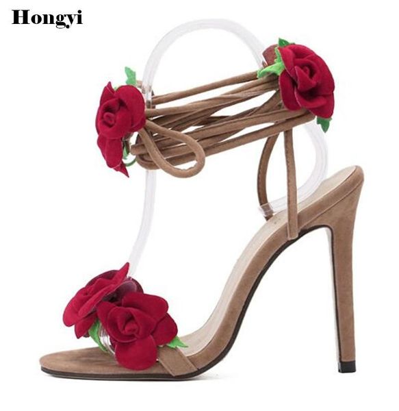 

red flowers sandals women super high heel shoes ankle strap lace up beatuiful party woman, Black