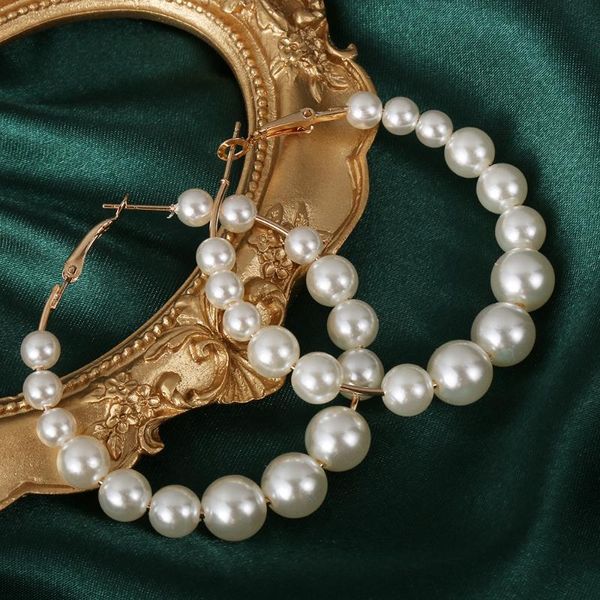 

hoop & huggie women elegant white pearls round earrings girl birthday party big pearl circle wedding fashion jewelry, Golden;silver