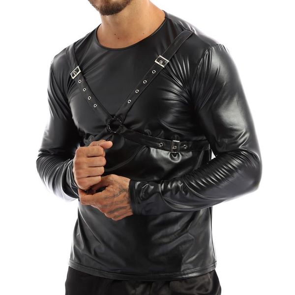 

mens male latex t-shirt fashion moto pu leather x-front pullover blouse rave night parties clubwear costume men's t-shirts, White;black