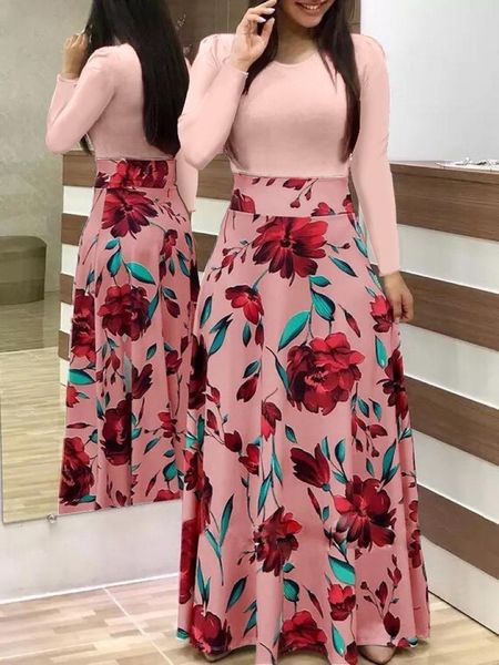 

casual dresses western style flower printed mixed colors short-sleeved dress long & o-neck women stretch, Black;gray