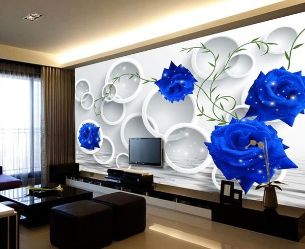 

wallpapers 3d mural wallpaper stereoscopic circle blue roses minimalist tv backdrop