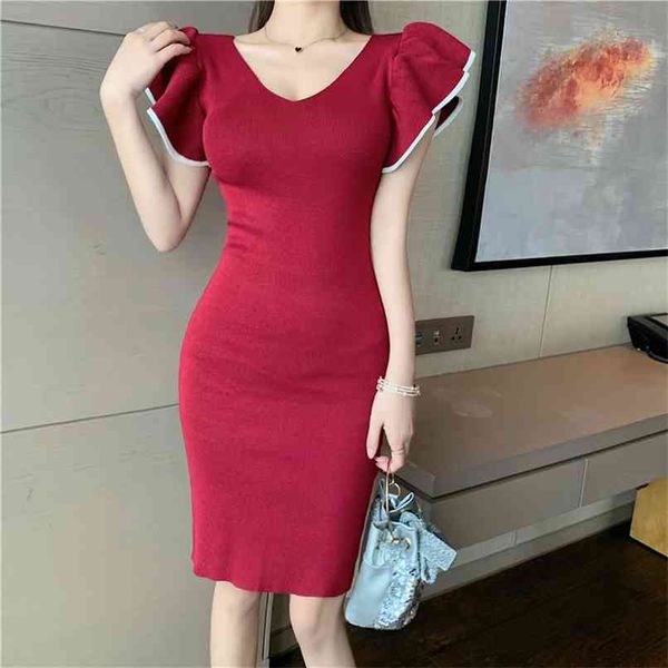 

women's red/pink knit dress elegant v-neck ruffle butterfly sleeve sheath bodycon mini celebrity club party 210602, White