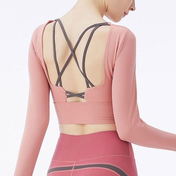 

yoga outfits backless sport women gym wear padded crop bra shirts long sleeve fitness running clothes cross back sportswear, White;red