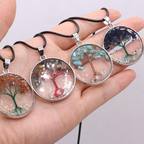 

pendant necklaces 2021 natural stone round transparent gravel tree of life necklace men women couples wearing holiday gifts 33x33mm, Silver