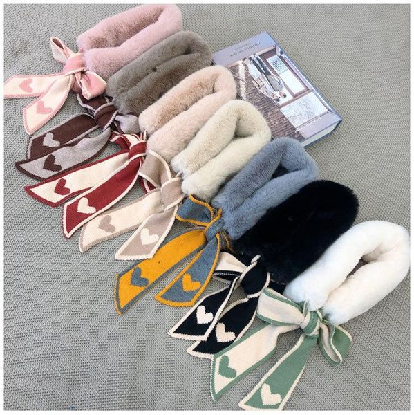 

scarves 2021 winter sweet hearts prints fashion crochet knitted scarf foulard femme faux fur collar neck warmer for women, Blue;gray