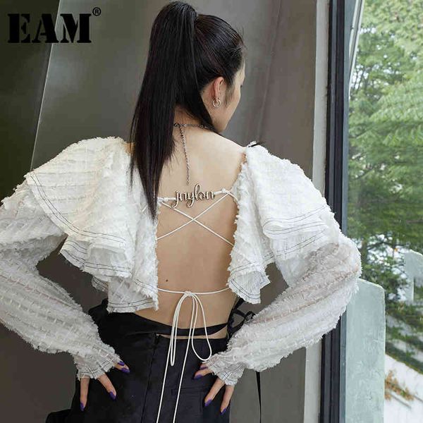 

[eam] women white tassels backless irregular blouse square collar long sleeve loose shirt fashion spring summer 1dd8642 21512