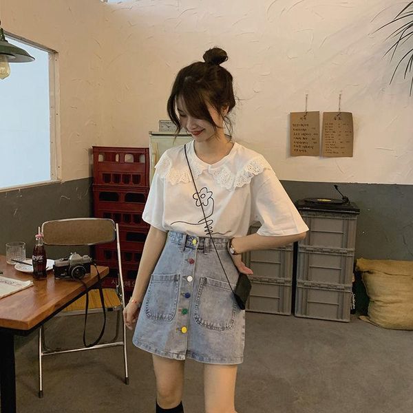 

skirts summer high waist denim skirt women female half button a-line thin girls casual fashion short, Black