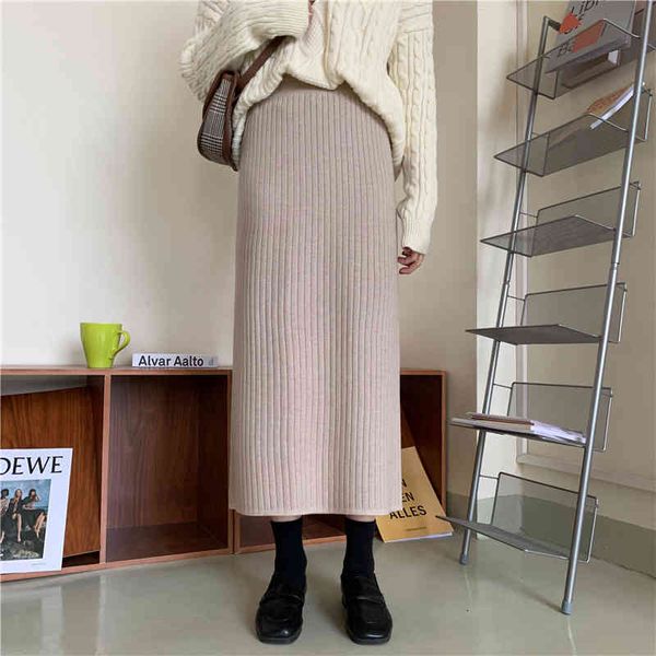 

spring autumn elastic high waist straight split bottoming knitted skirt female ol elegant solid long skirts womens 210421, Black