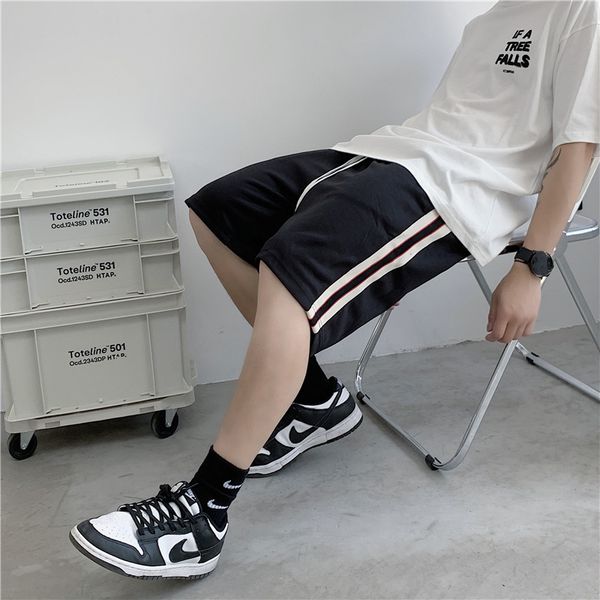 

high street contrast side stripe ribbon splicing sports shorts ins style men's and women's capris, White;black