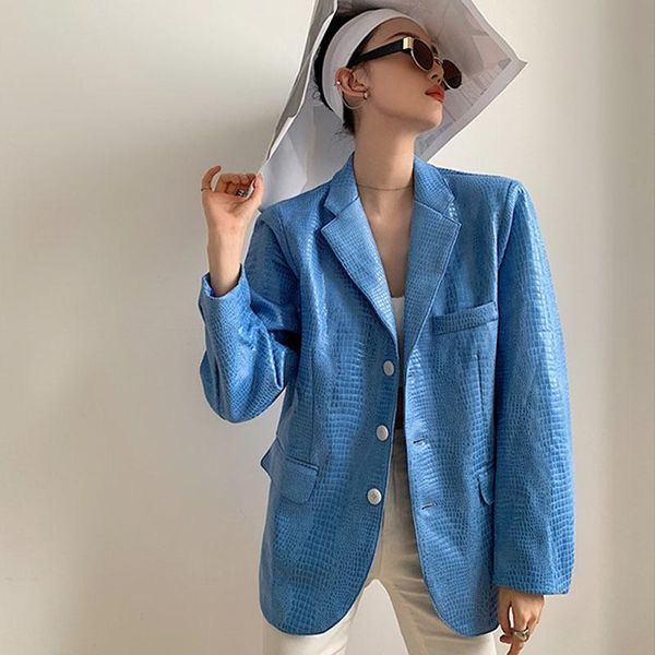 

women's suits & blazers 2021 women blue crocodile faux leather jacket spring fall shoulder pad solid blazer fashion high ladies coat, White;black
