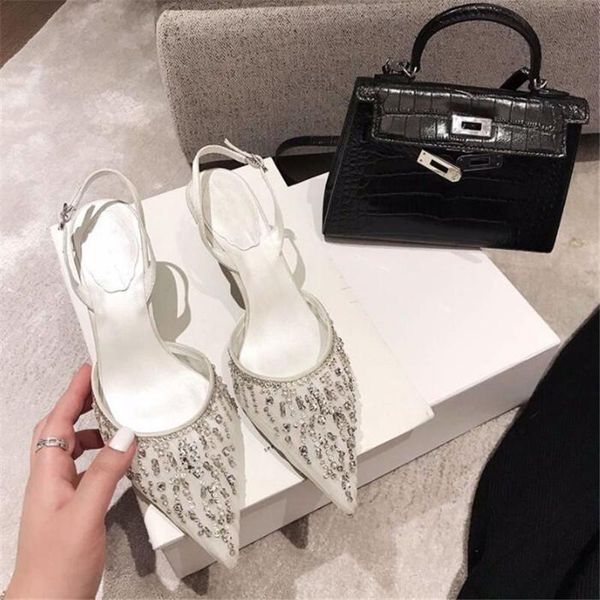 

sandals 2021 leather rhinestone baotou women's authentic shoes 7cm high heels fashion show 3-8 9 maiernisi, Black
