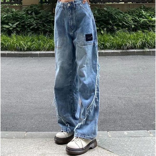 

women's jeans retro design blue ladies y2k straight and thin loose high waist wide leg mopping street pants autumn 2021