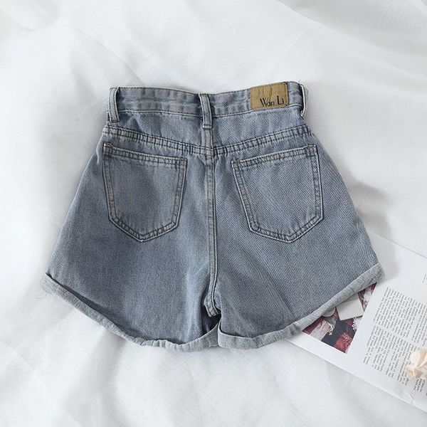 Sommer hohe Taille Jeans Shorts Casual Lose Ladies Mode Roll Up Saum Elastische Tasche Blau graue Jeans weiblich