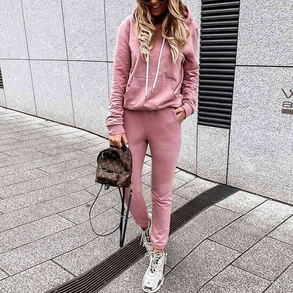 

two piece set outfits autumn winter women's tracksuit hoodie with pocket pants casual suit 2 piece set women warm solid clothes 210515, White
