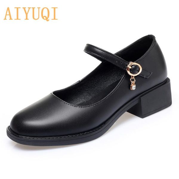 

women's shoes genuine leather 2021 mid-heel mary jane women shiny fashion large size ladies office dress, Black