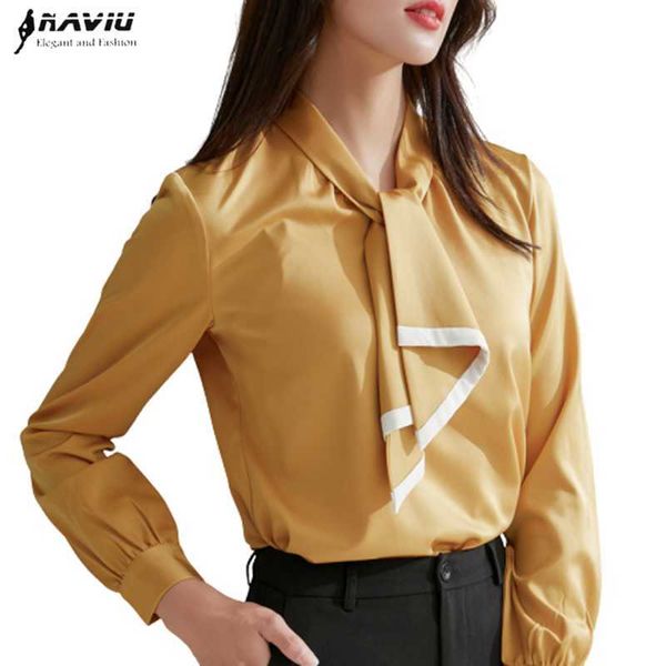 Retro Gelbes Hemd Frauen Design Langarm Formale Lose Krawatte Chiffon Blusen Büro Damen Elegante Plus Größe Arbeit Tops 210604