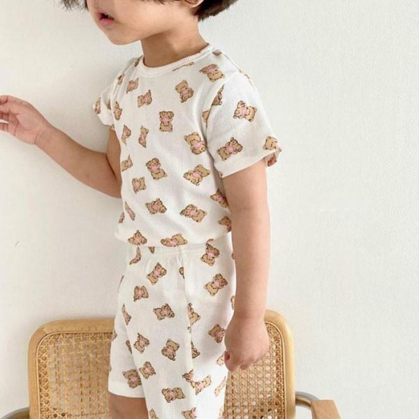 

clothing sets 2021 summer cute bear print children set cotton t shirt + shorts boys baby girl cartoon clothes, White