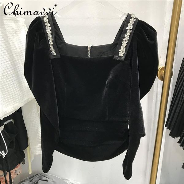 

women's blouses & shirts ladies rhinestone beaded velvet retro pullover women 2021 autumn fashion square collar back zipper bubble slee, White