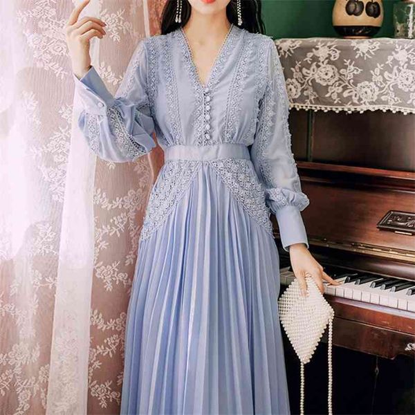 

spring summer women maxi party dress ladies long sleeve lace crochet elegant lady vintage pleated robe femme 210514, Black;gray