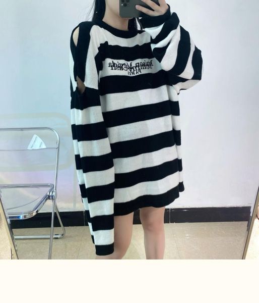 

women's sweaters 2021 winter women oversized long sweater jumpers hip hop chic korean knit pullovers black white striped, White;black