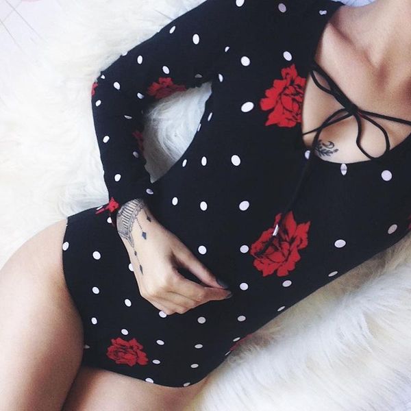 

women's jumpsuits & rompers beach style women dots rose print bodysuit lace up v neck long sleeve playsuit skinny stretch jumpsuit fash, Black;white