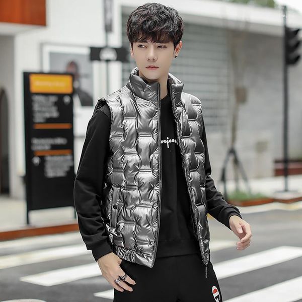 

men's autumn bright all-matching down cotton thickening vest youth stand collar solid color casual vest1, Black;white