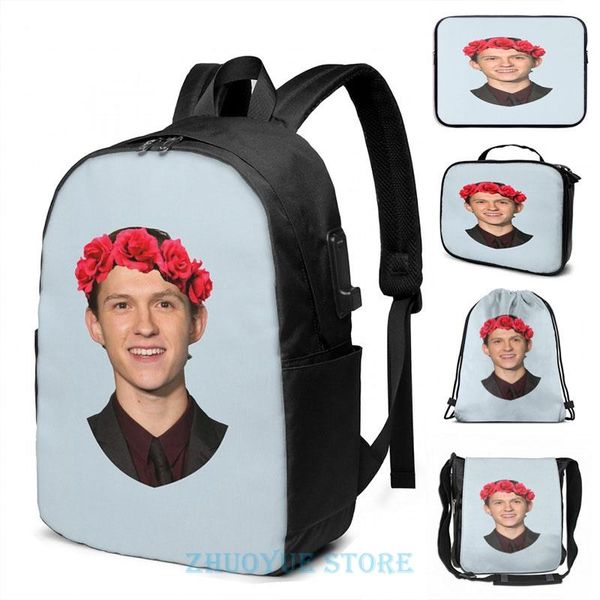 

backpack funny graphic print tom holland flower crown usb charge men school bags women bag travel laptop