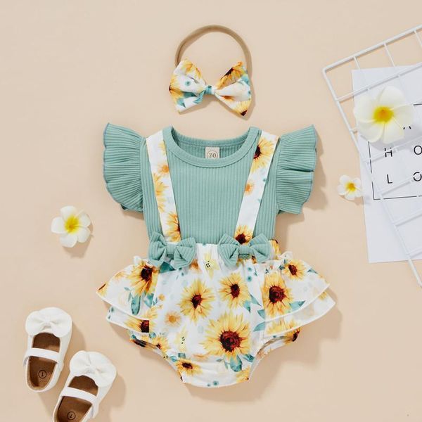 

clothing sets 3pcs flower kids summer clothes girls toddler baby solid + sunflower floral printed suspender shorts outfits, White