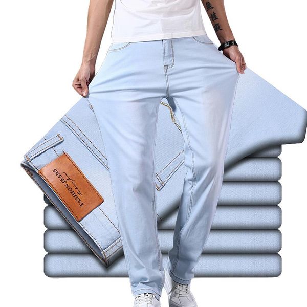 

men's jeans plus size men trousers light weight breathable cool business casual style loose pants 40 42 44, Blue