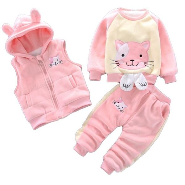 

clothing sets children winter warm children's boy cartoonsthickening plus velvet vest jacket pants casual three-piece baby girls suit, White