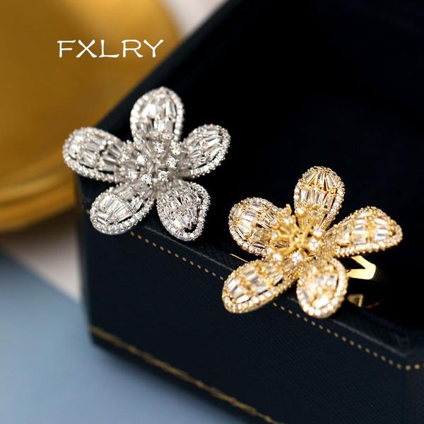

wedding rings fxlry fashion white/gold color zircon flower open ring for women jewelry gift, Slivery;golden