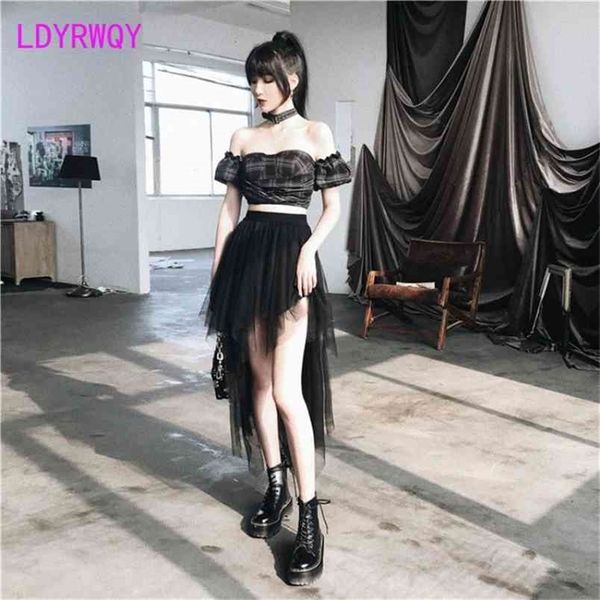 LDYRWQY Damen-Rock mit hoher Taille, Büste, Netzstoff, kurze Vorderseite und langer Rücken, koreanische Bürodame, Ballkleid, knielang, 210702